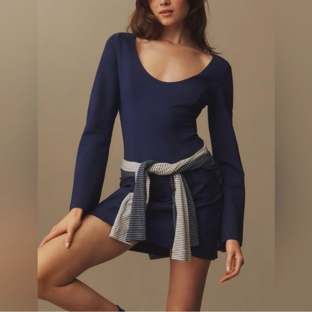 Maeve Deep Blue Mini Dress with Striped Accent